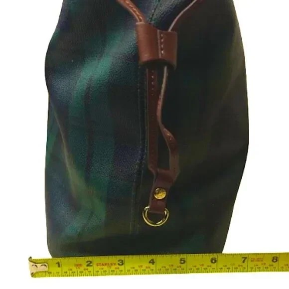Black Watch Plaid Coated Canvas Leather Oversized Shoulder Bag Metal Feet